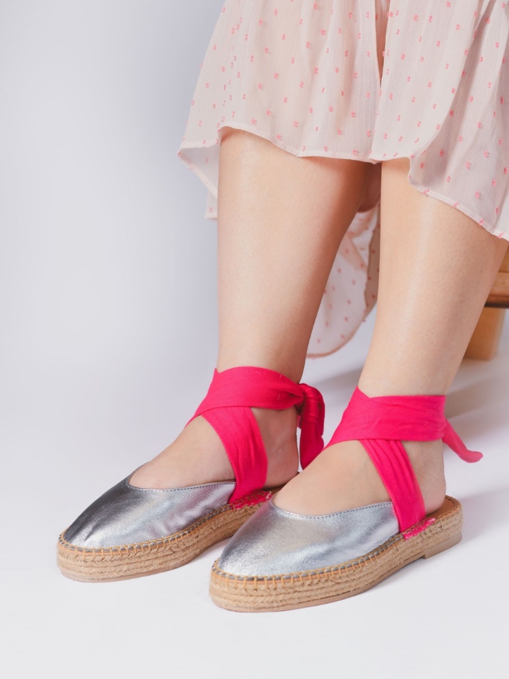 Vivalia Designs Silver Leather Espadrilles with Hot Pink Ribbons | New